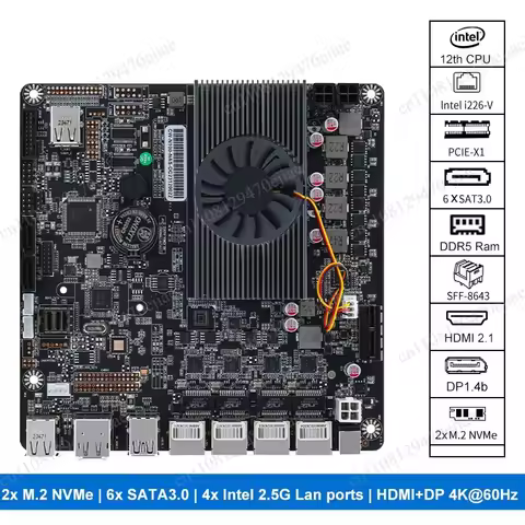 N100 Mini ITX NAS Motherboard DDR5, Quad i226-V 2.5G LAN, 6 SATA 3.0 & Dual M.2 NVMe, PCIe x1 Type-C