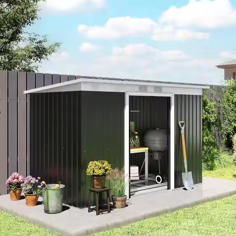 Gray Outdoor Storage Shed - 9x4 Metal Garden Tool House with Sloping Roof and Lockable Door