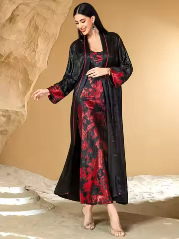 Luxury Dubai Open Abaya Slip Dress 2 Piece Set Muslim Women Kimono Cardigan Jalabiya Morocco Kaftan
