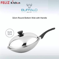 BUFFALO 32cm Round Bottom Wok with Handle BL19 | S/S 304 32cm 不锈钢 单手把 圆底锅