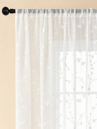 2入組刺繡花紋窗簾,適用於客廳和臥室,白色農舍風格私密度窗簾紗
