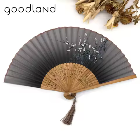 1pcs Vintage Chinese Spun Silk Flower Printing Hand Fan Folding Hollow Carved Hand Fan Event & Party
