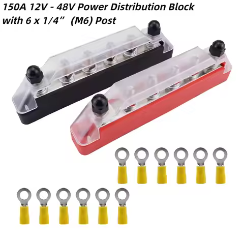 150A 12V Bus Bar Marine 12V - 48V Power Distribution Block with Cover & 6 x 1/4”(M6) Post,Battery 12