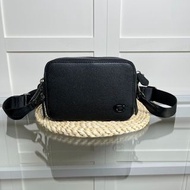 💞 COACH蔻馳 牛皮男款黑色雙拉鏈相機包 斜挎單肩手拿包 通勤生日情人節禮物