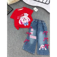 Girls set CS742, BB3 short-sleeved cotton shirt set with long ears and bow jeans for girls