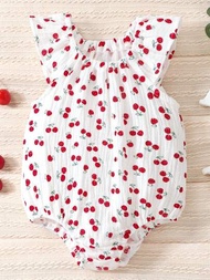 嬰兒女嬰連體裝荷葉袖櫻桃印花連身衣夏季服裝