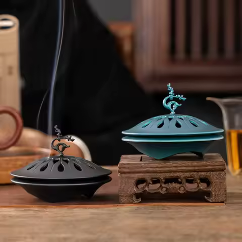 Luxury Alloy Zen Incense Burner for Sandalwood Coil Incense Auspicious Deer Cover Metal Ash Collecto