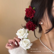 🔥Taiwan 12H Shipment 🔥Dark Series Suede Red Rose Cross Pearl Chain Hair Clip Pin Dual-use Clip Flowe