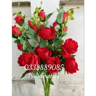 Red Velvet Rose Branches 3 Big Flowers, 2 Big Buds, Many Small Buds Are Very Beautifully Decorated