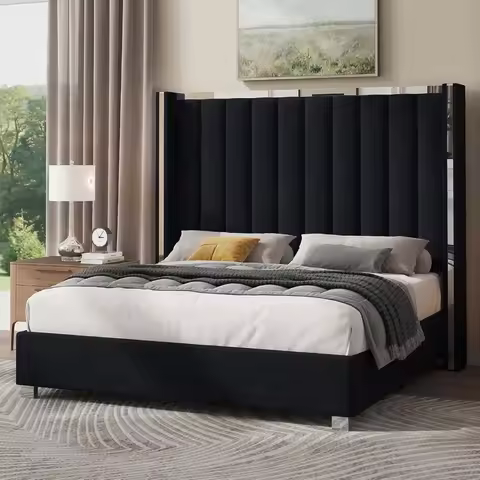 Queen Size Bed Frame with 58" Tall Headboard, Velvet Upholstered Platform Queen Size Bed Frame