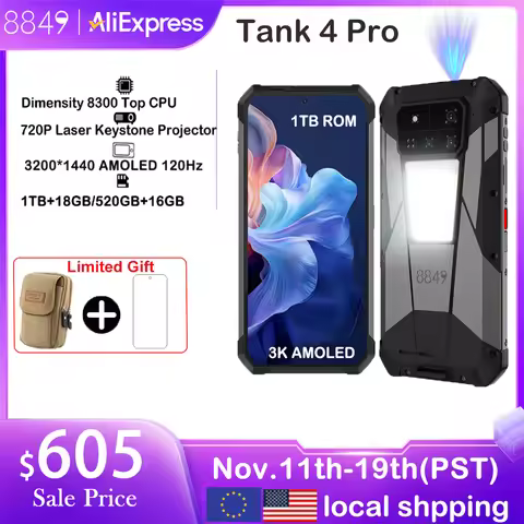 8849 Tank 4 Pro by Unihertz 1TB 36G Rugged Projector Smartphone 5G Android 14 Sports Phone 11600mAh 