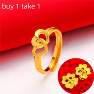 Original 916 Gold Ring Double Heart Ring Gold Shop Gold Female Open Love Ring+Chan Wah Original 916 Gold Vintage Hollow Flower Earrings for Women  Tulen Subang Telinga Perempuan Ear Rings Girls Subang Emas Korea Anting Anting Perempuan