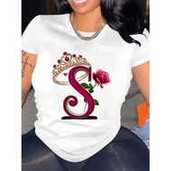 Plus Size - Plus Size - Letter S Crown Rose Print Short Sleeve T-shirt | Plus Size Women'S Fashion B