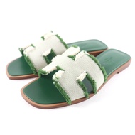 全新★愛馬仕 Oran 流蘇帆布皮涼鞋 綠色 35碼 附鞋盒及防塵袋 義大利製造 女款