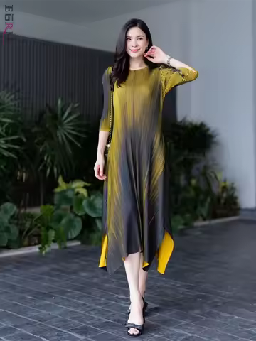EGRM Vintage Pleated Women Gradient Dress O Neck Chic Style High Strecth A-line Irregular Loose Casu