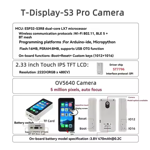 T-Display-S3-Pro Development Board +OV5640 5MP Camera ESP32-S3 2.33Inch Touch LCD Module Wi-Fi 802.1