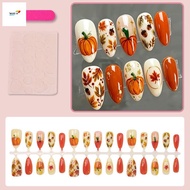 30Pcs Halloween Pumpkin Fake Nails - 3D Maple Leafs Autumn Wearable Nails