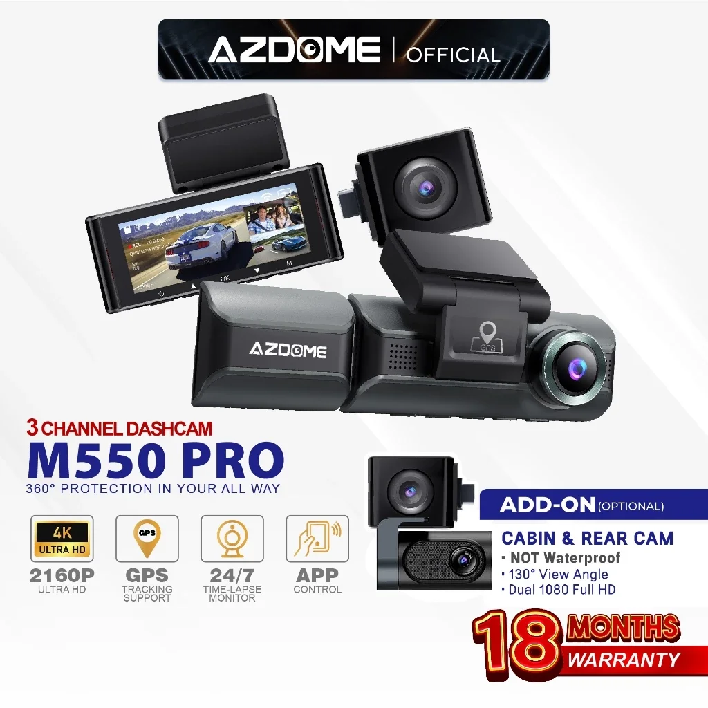 AZDOME M550 PRO 2160P/4K Ultra HD 3 Channel Front &amp; Rear DashCam Night Vision App Control Car Camera Driving Recorder
