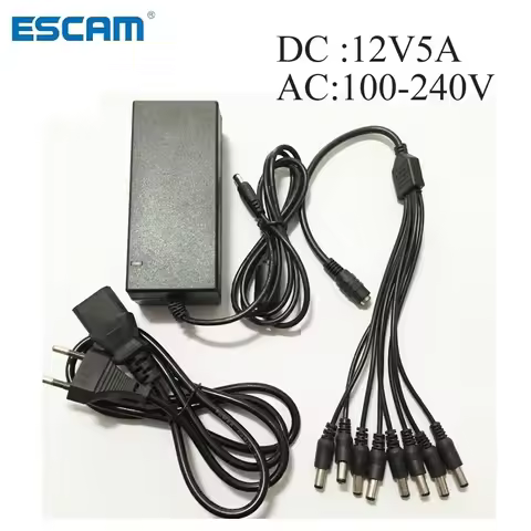 DC 12V 5A Power Supply Adapter + 8 Split Power Cable for CCTV Security Camera DVR Analog AHD TVI CVI