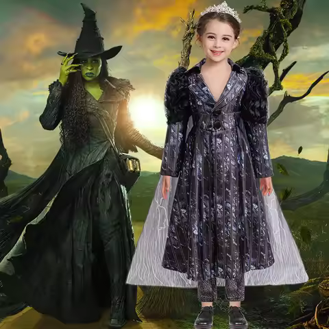 3 Pieces Elphaba Girl Costume Good Witch Cosplay Costume Ruffles Wizard Dress Kids Carnival Fancy Ou