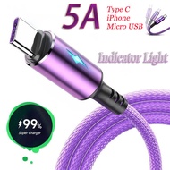 5A ไฟแสดงสถานะสายชาร์จ Android Micro USB ชาร์จเร็วโทรศัพท์มือถือ Type-C สำหรับ Samsung Xiaomi Huawei