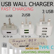 USB Charger 5V 1A 2A 3A 3 port Fast charging Phone Tablet Universal adapter Travel Wall UK Plug micr