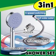 CJQ 3in1 Black Silver Handheld Shower Head with Hose Holder Two Way Faucet Full Set 5 Spray Nozzle