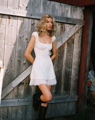 Mini Dress Womens Square Collar Gathered Waist Lace Hem Ins Little Design Blogger HOSKELSA Summer No