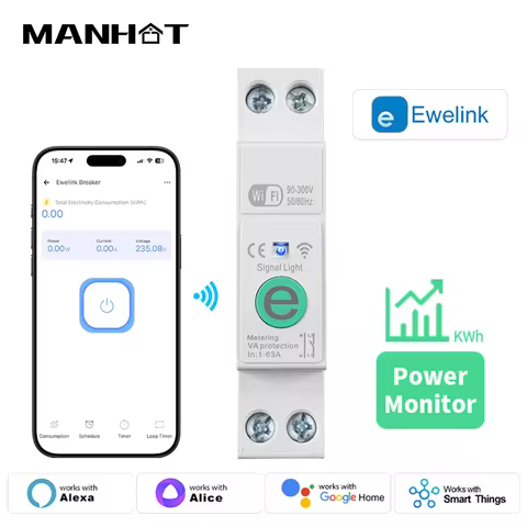 63A 1P+N Ewelink WIFI Smart Circuit Breaker MCB Timer Power Energy kWh Voltage Current Meter Protect