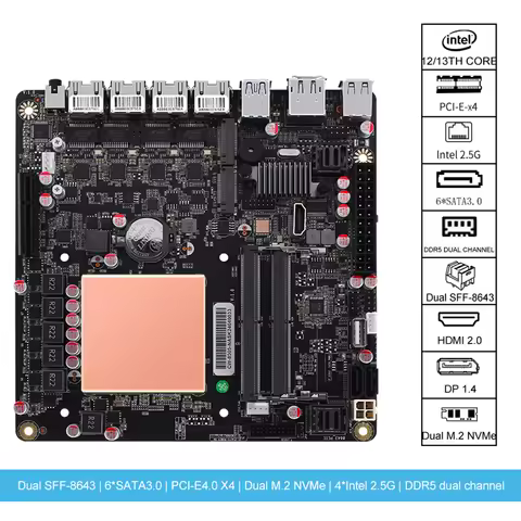 i5-12450H 6-Bay NAS Motherboard Max 6*NVMe 6*SATA3.0 PCI-E X4 Mini ITX Board 4*Intel i226-V 2.5G 2*D