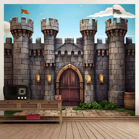 2D Floor Plan, 1 Background Banner - Detailed Castle Photo Wall Art with Bridge, Towers and Flags - 