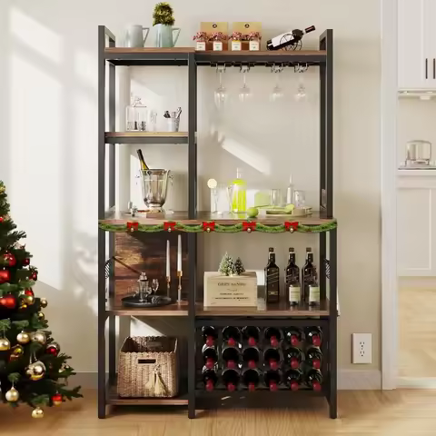 Kitchen Microwave Bakers Stand Wine Rack, Coffee Bar Storage for Liquor Glasses Power Outlet, Wine R