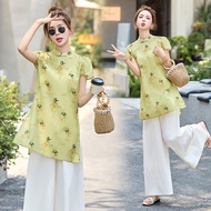 Chinese Style Zen Wide-Leg Pants Suit Printed 2025 Chinese Style Buckle Cheongsam Top Large Size Two