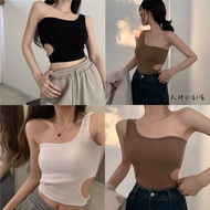 4Q6 Sweet Cool Fashion One-Shoulder Halter Back Beveled Edge Hollow Cutout Short Version Tube Top Wi