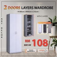 Almari 2 door wardrobe with 5 layer /Almari Pakaian Ready Stock /3 Warna (Height 180cm)