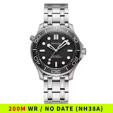 PHYLIDA Black Dial Diver 200 Men's Warch Sapphire Crystal NH38a Automatic Watch SLN BGW9 Lume SE-BK-