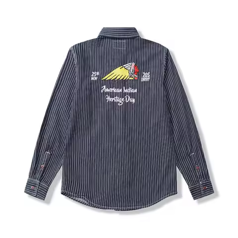 Japanese Retro Kapital Vintage Embroidered Long Sleeve Shirt Amekage Striped Shirt for Men
