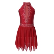 [pjga] Kids Girls Rhythmic Gymnastics Figure Skating Dress Rhinestone Halter Backless Ballet Leotard