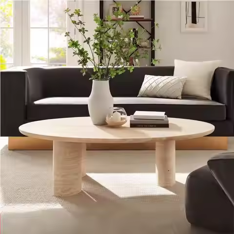 "Designer Travertine Coffee Table - Wabi Sabi Oval Center Table, Custom Natural Stone Living Room Fu