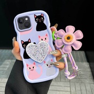For IPhone 15/7/7 Plus/8/8Plus/11 3pcs( Cats of Different Colors Phone Case+Flower Lanyard+Stand) Co