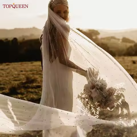 TOPQUEEN Pearls Wedding Veil Long Bridal Veils Beaded Cathedral Length 3M Wide Dramatic Single Tier 