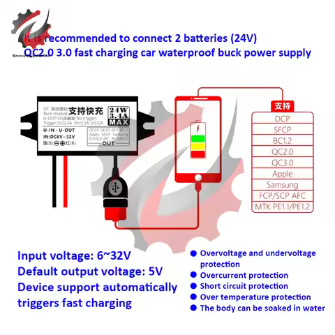 DC-DC 12V 24V to 5V 3.4A 24W Car Power Converter Adapter Mini USB QC2.0 3.0 Fast Charge Car Waterpro