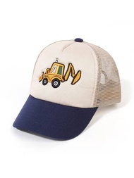 卡通挖掘機刺繡棒球帽,適用於兒童、男孩和女孩彎緣卡車司機帽