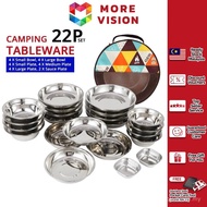 CLS Tableware 17/22Pcs Stainless Steel Plate Bowl Set Mess Kit Camping Outdoor Hiking Portable Bag R