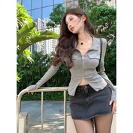 辣妹POLO領拉鏈短外套 修身顯瘦開衫 女裝長袖上衣 潮流百搭- 灰色 S