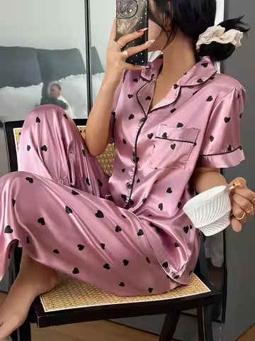 Women Pajamas Pink Pajamas Set Heart Print Lapel Faux Silk Comfortable Short Sleeve Pajama Set Satin