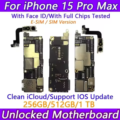 Working Unlocked For iPhone 15 Pro Max Motherboard 256GB Plate Clean ICloud With Face ID System Supp