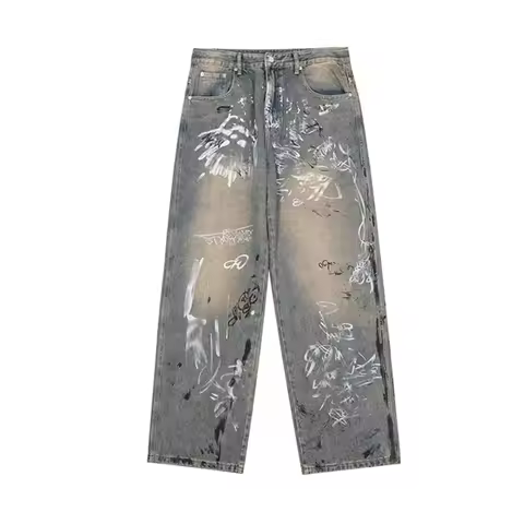 Men's Y2K Graffiti Printed Baggy Jeans New Vintage Distressed Blue Harajuku Denim Pants High Street 