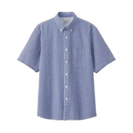 (全新)(現貨)【無印良品MUJI】男有機棉泡泡紗格紋扣領短袖襯衫-藍格紋M
