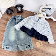 B05 Set áo sơ mi sọc dài tim nhỏ kèm quần bò jean dài cho bé gái